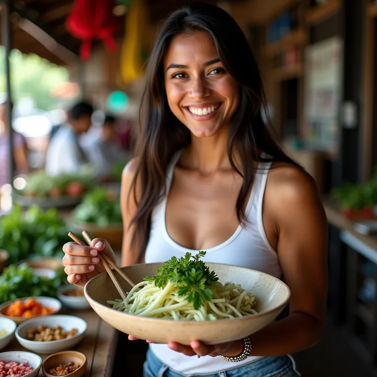 Mulher parda experimentando outros pratos tailandeses