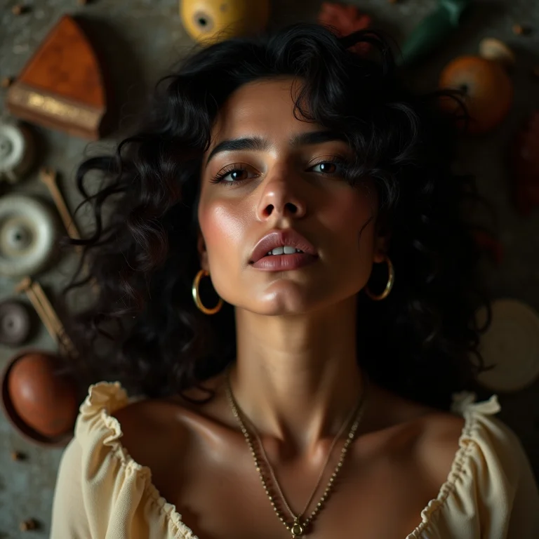 Mulher parda expressiva cercada por adereços teatrais fragmentados.