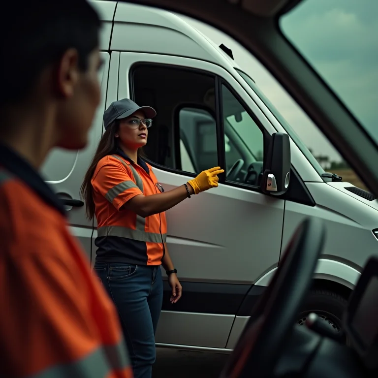Mulher parda inspecionando carro forte pesado