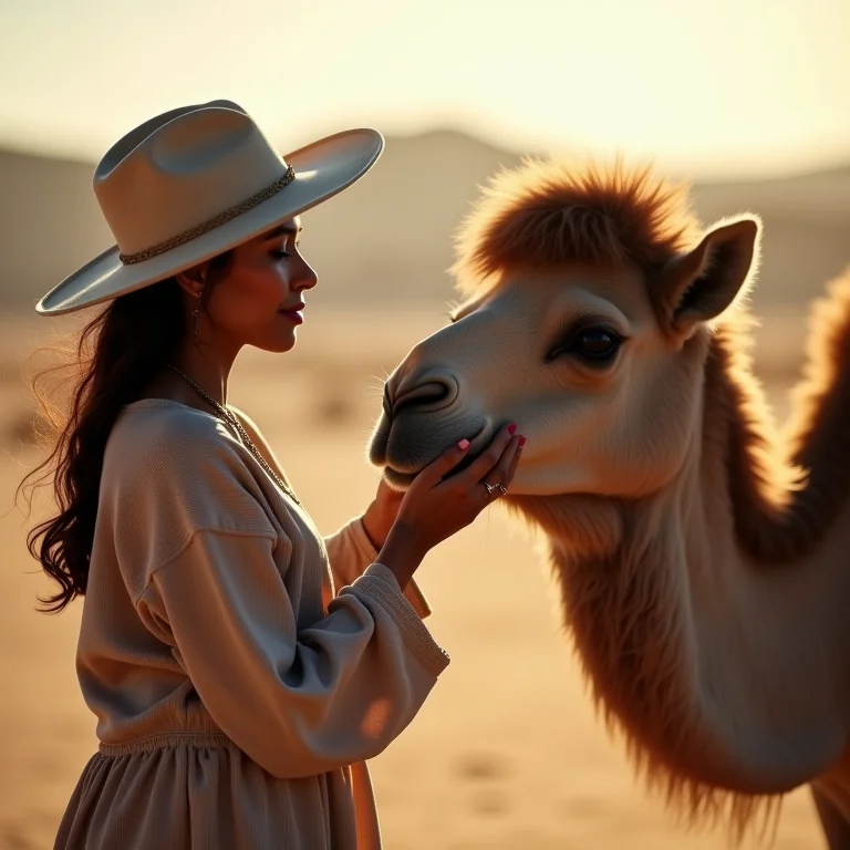 Mulher parda interagindo gentilmente com dromedário em Genipabu