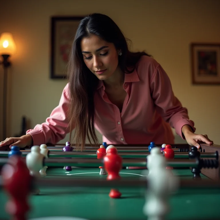 Mulher parda jogando pebolim com barras telescópicas