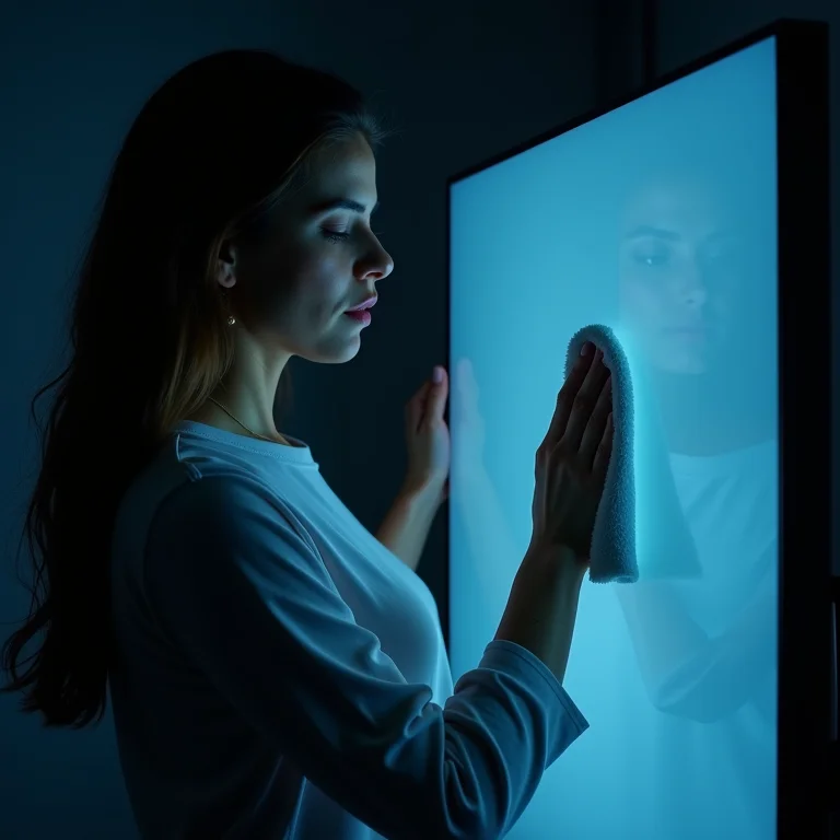 Mulher parda limpando tela LED.