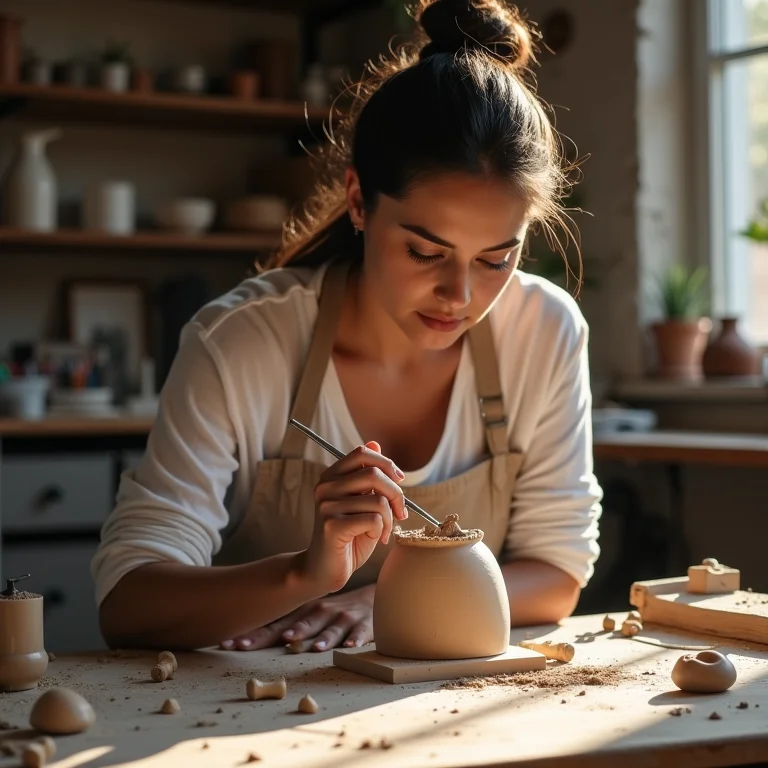 Mulher parda moldando a base do suporte de notebook de biscuit