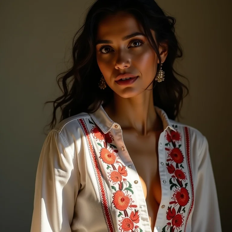 Mulher parda mostrando camisa bordada