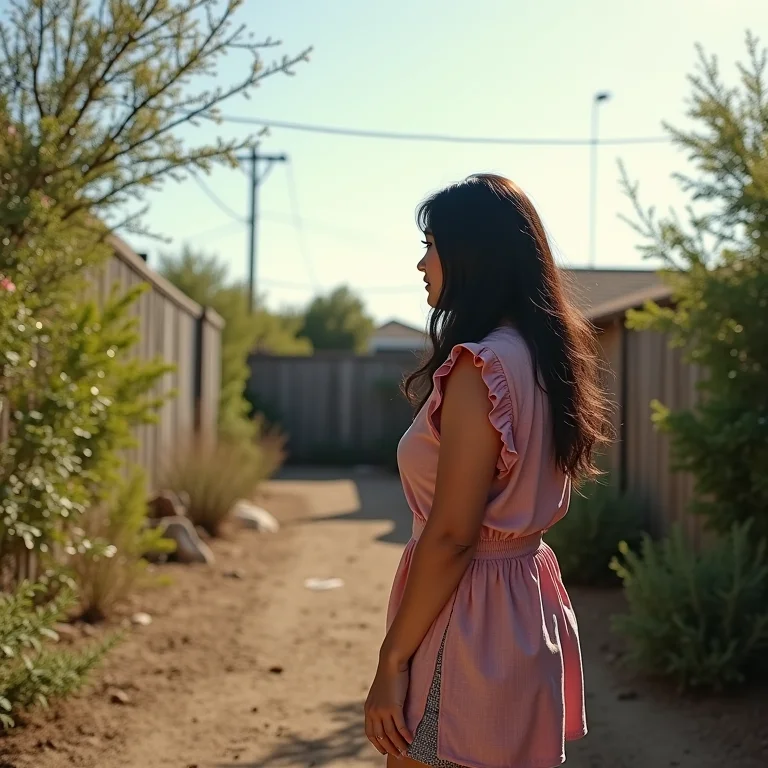 Mulher parda olhando para área de lazer sem integração com a natureza