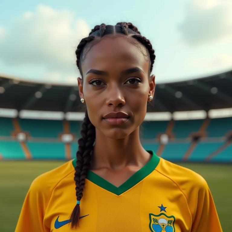 Mulher parda orgulhosa em frente à Arena Amazônia em Manaus