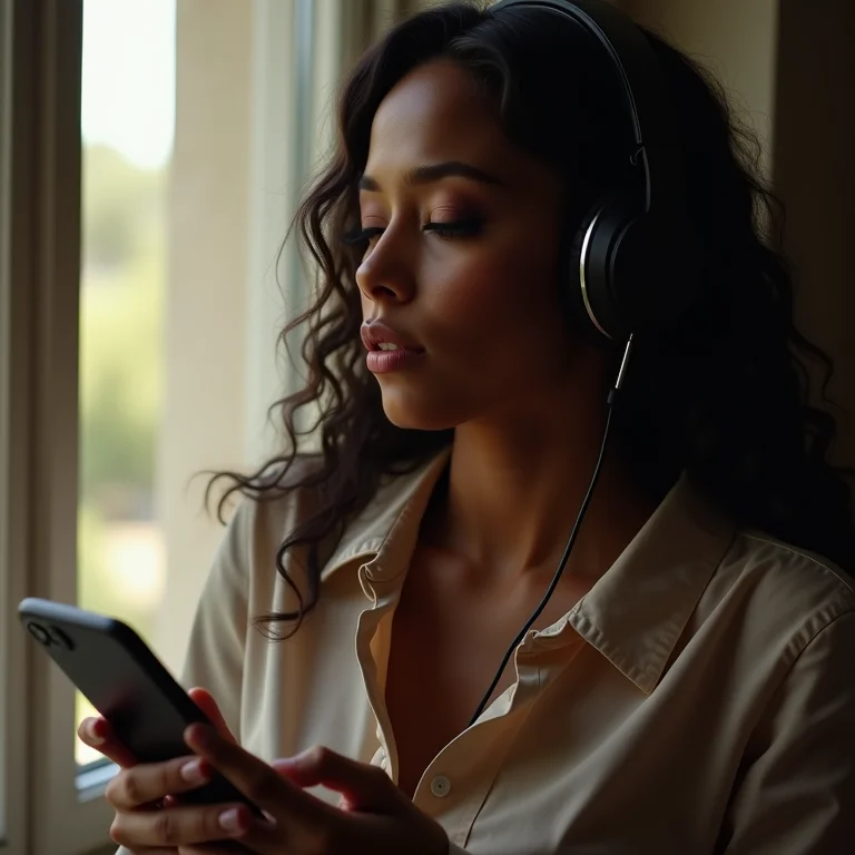 Mulher parda ponderando sobre rádio FM no celular