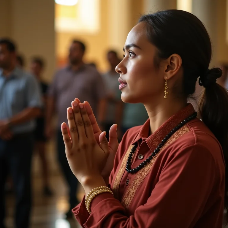Mulher parda rezando durante a missa em Aparecida