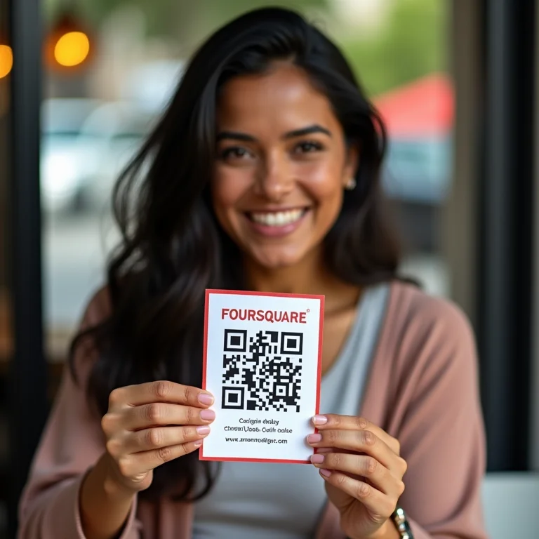 Mulher parda sorrindo e segurando flyer com QR code para check-in no Foursquare.