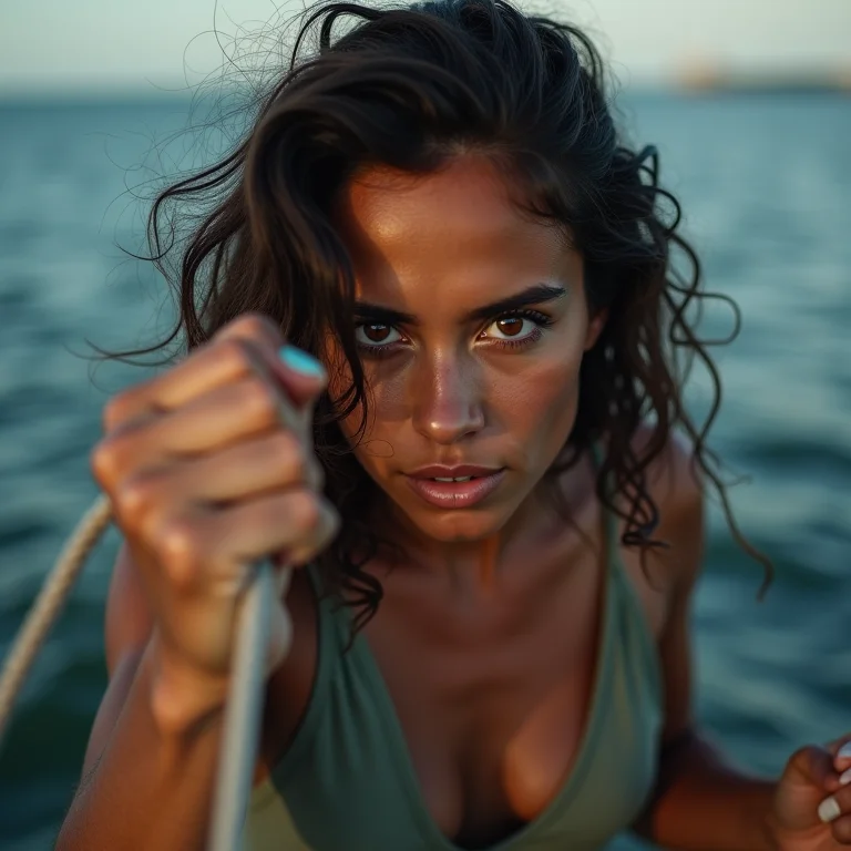 Mulher parda testando a resistência de um nó de anzol