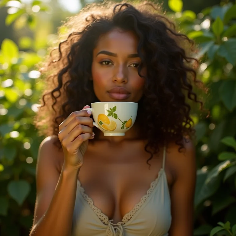 Mulher parda tomando chá de erva-cidreira em um jardim ensolarado.