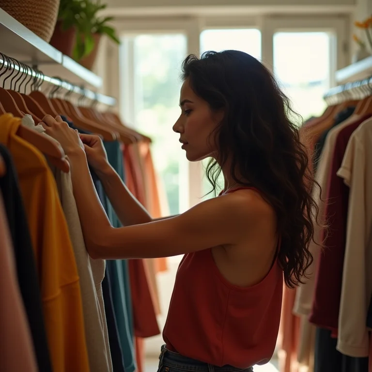 Mulher parda/latina procurando roupas sustentáveis em boutique