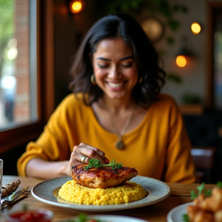 Mulher parda/latina saboreando galeto em restaurante