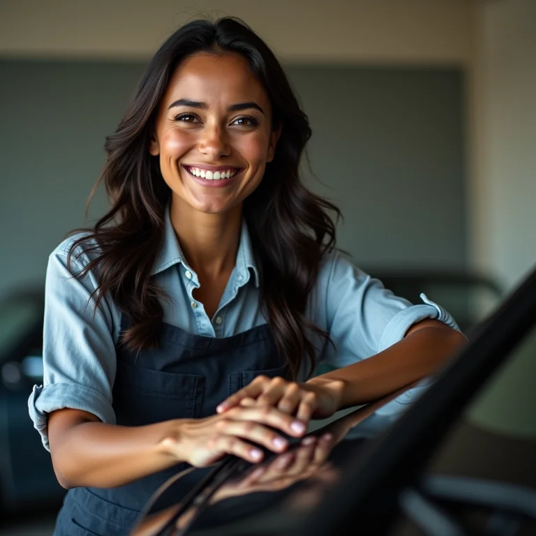 Mulher parda/latina sorrindo ao deixar o carro para limpeza profissional do ar condicionado.