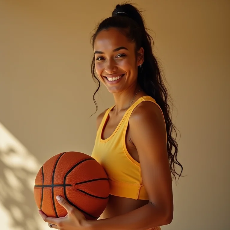 Mulher parda/latina sorrindo segurando uma bola de basquete