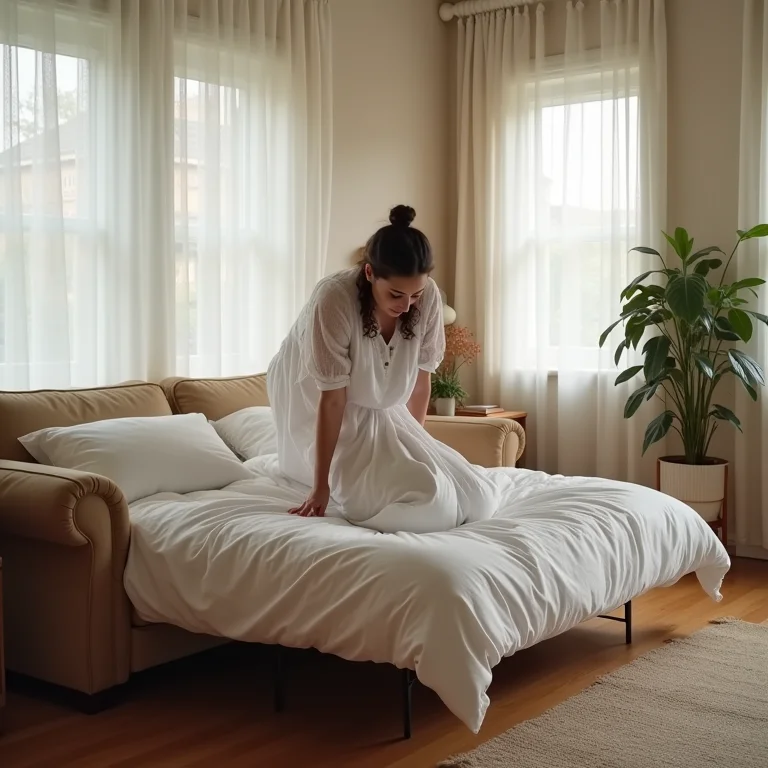 Mulher parda/latina transformando sofá em cama