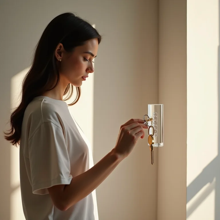 Mulher plus size admirando porta-chaves minimalista