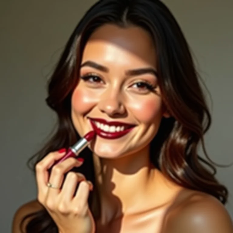 Mulher plus size aplicando batom vermelho escuro