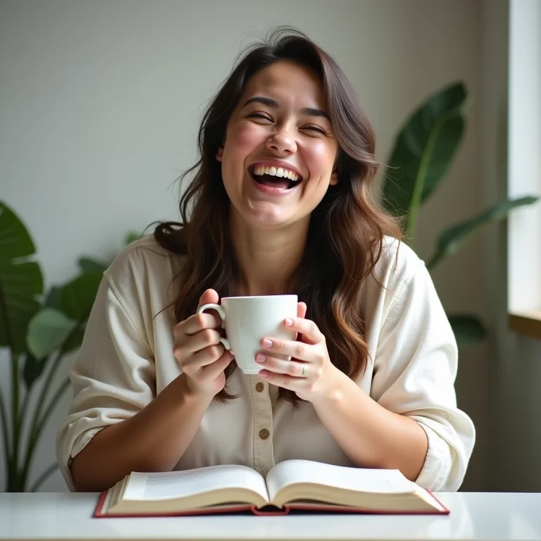 Mulher plus size apreciando chá de hortelã-pimenta durante a leitura.