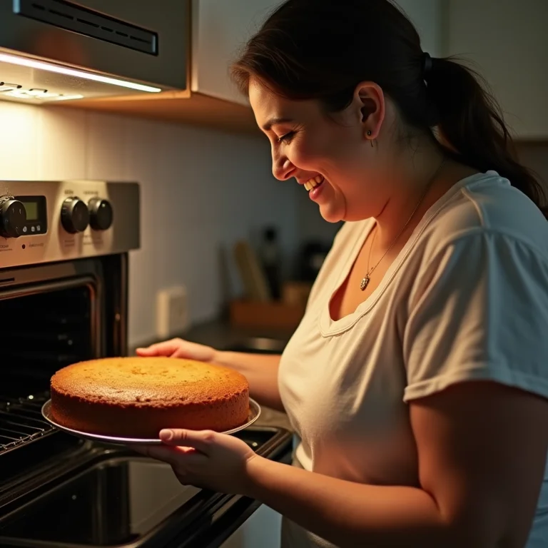Mulher plus size assando bolo no forno