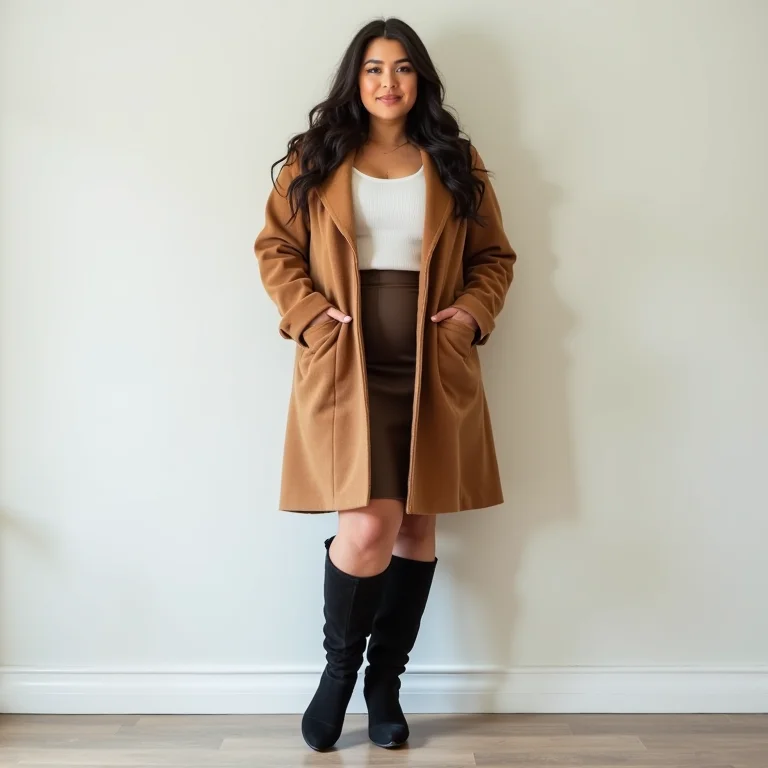 Mulher plus size com botas de inverno e saia midi.