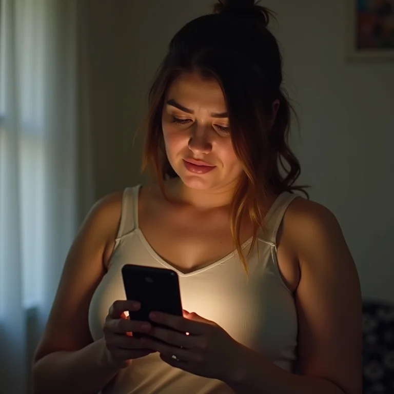 Mulher plus size com expressão confusa procurando solução de problema no celular