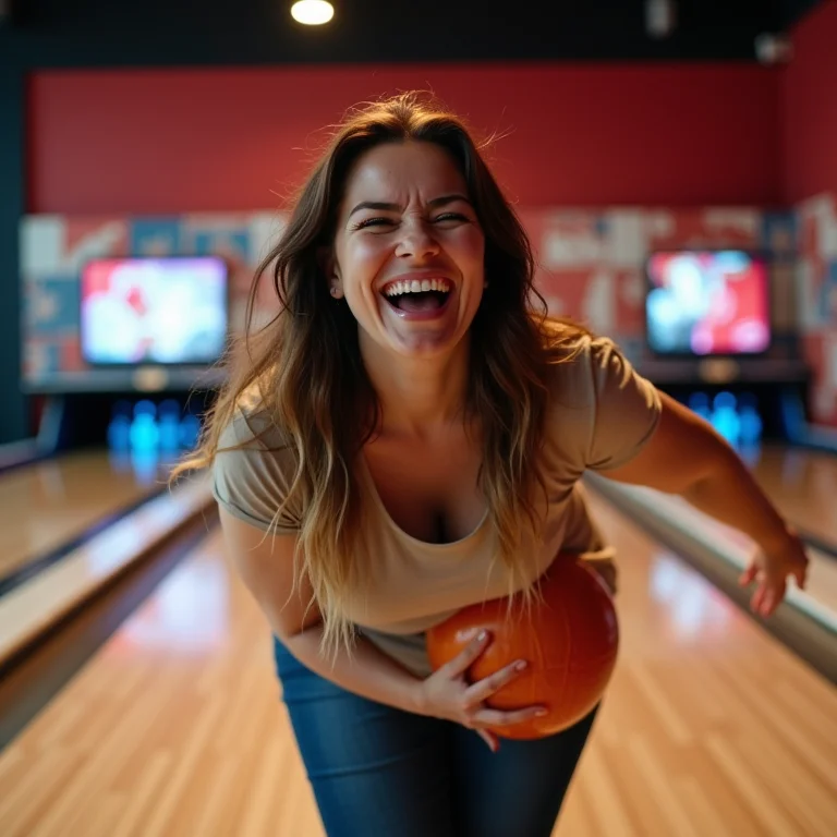 Mulher plus size comemorando strike no boliche