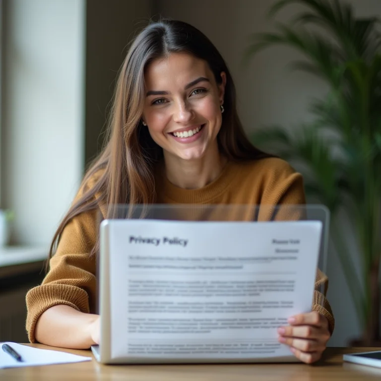 Mulher plus size criando uma política de privacidade no laptop