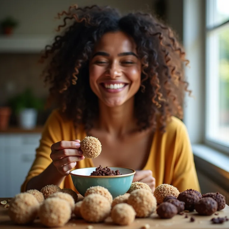 Mulher plus size decorando brigadeiros com diferentes coberturas.