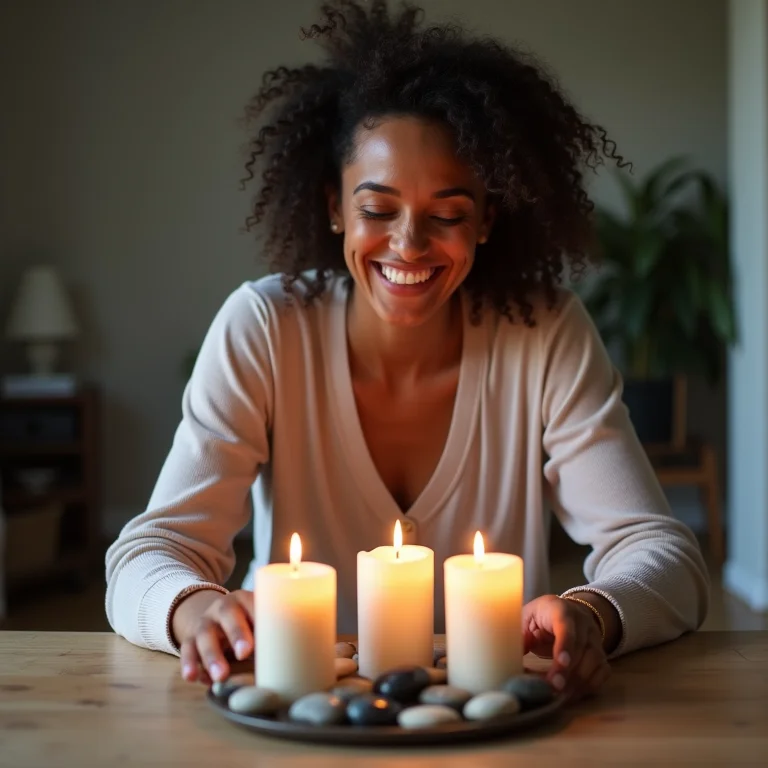 Mulher plus size decorando mesa de centro com pedras de rio.