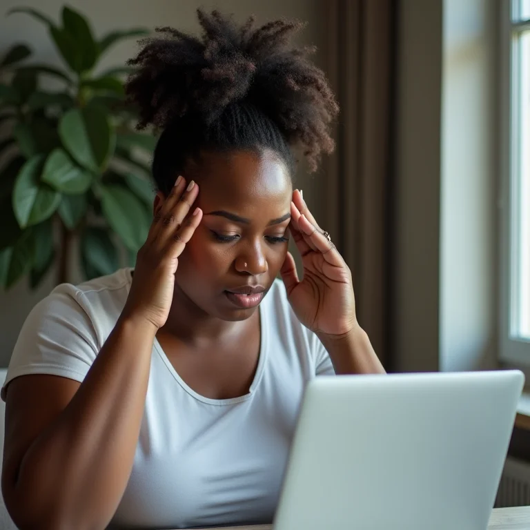 Mulher plus size estressada olhando um relatório de vendas.