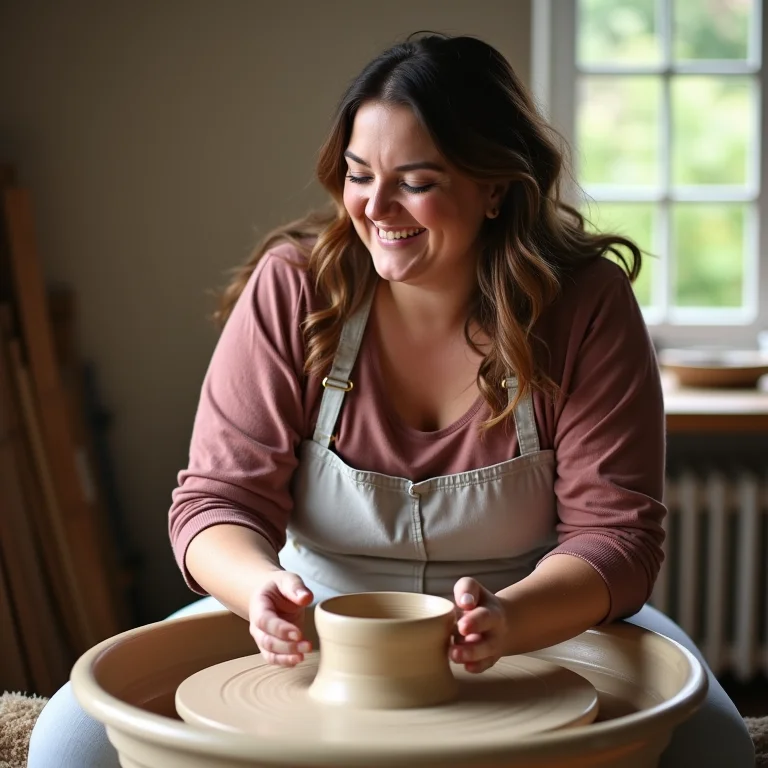 Mulher plus size experimentando roda de cerâmica pela primeira vez.