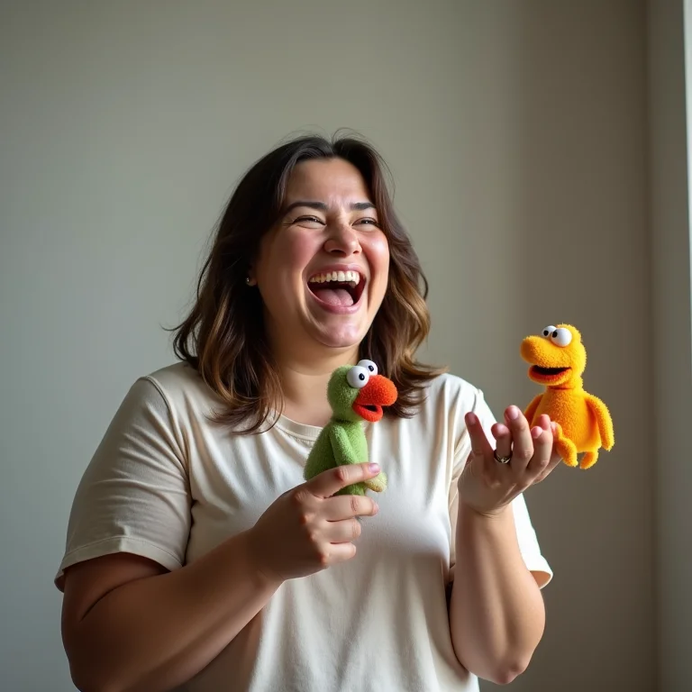 Mulher plus size explicando conceito com fantoches.