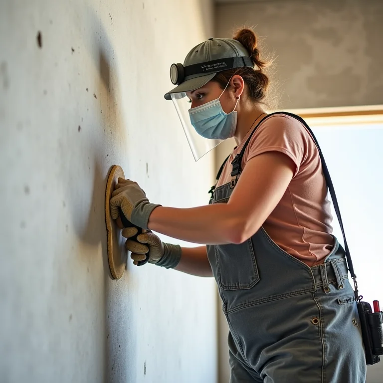 Mulher plus size lixando parede de cimento queimado.