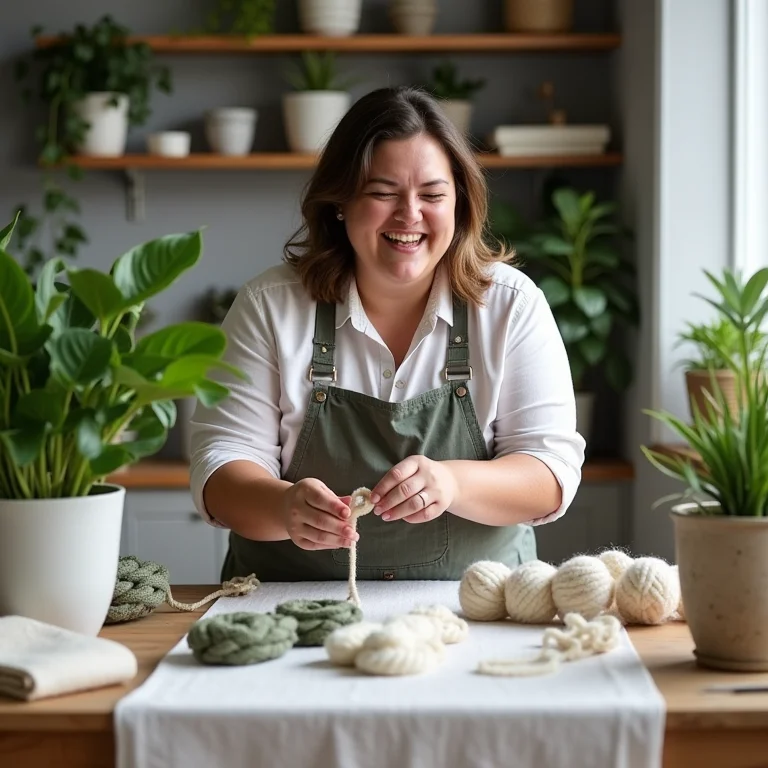 Mulher plus size mostrando materiais para capilaridade em vasos autoirrigáveis