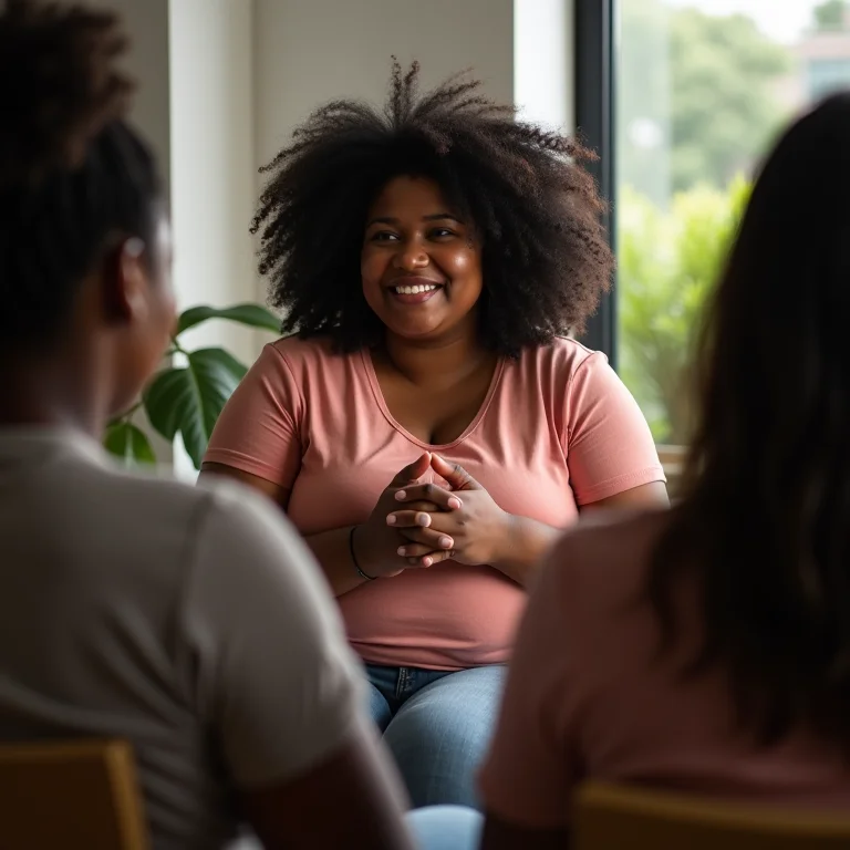 Mulher plus size participando de grupo de apoio para quem quer parar de fumar.