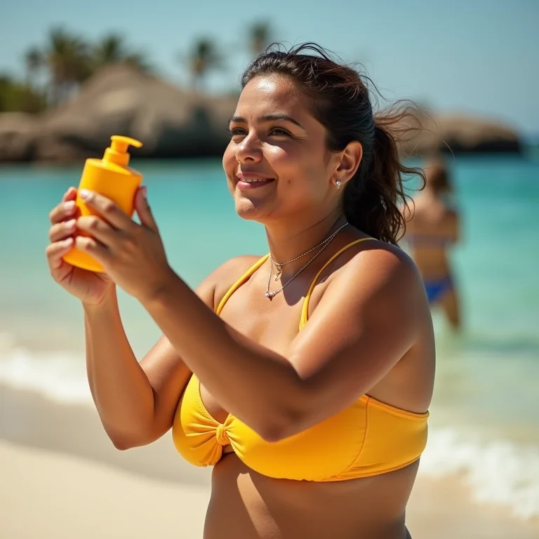 Mulher plus size passando protetor solar no Wet'n Wild SP