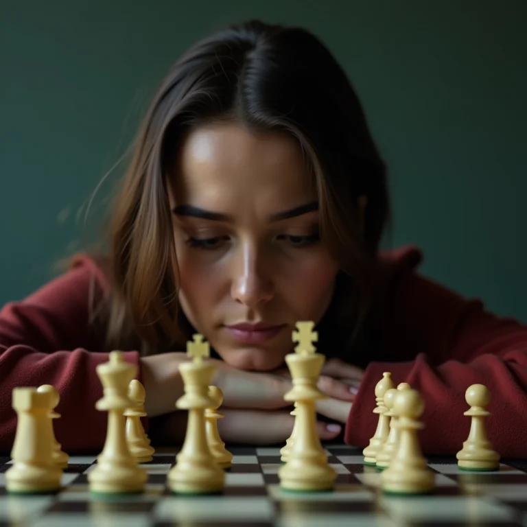 Mulher plus size pensando em algoritmos de busca no contexto do xadrez, representando a aplicação de lógica.