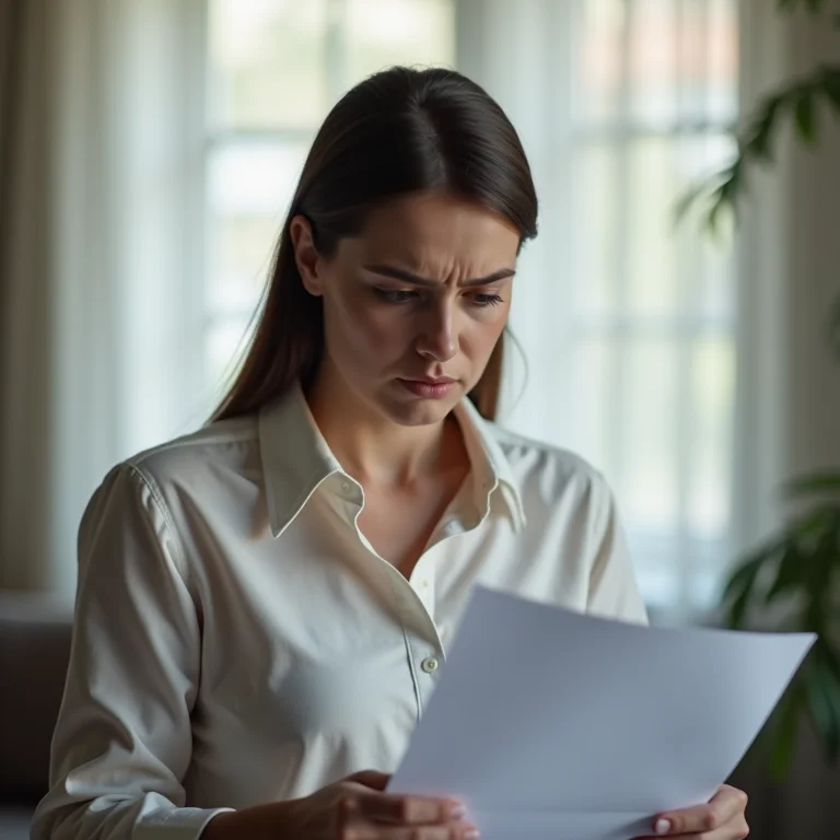 Mulher plus size preocupada lendo documento sobre falência