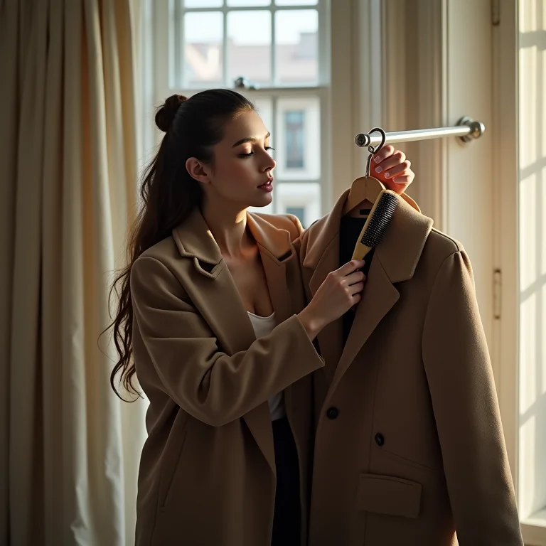 Mulher plus size remove bolinhas de casaco com escova de roupa.