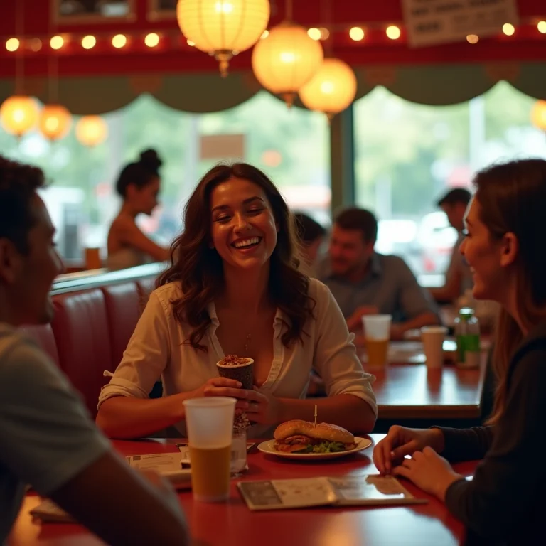 Mulher plus size rindo com amigos em hamburgueria temática