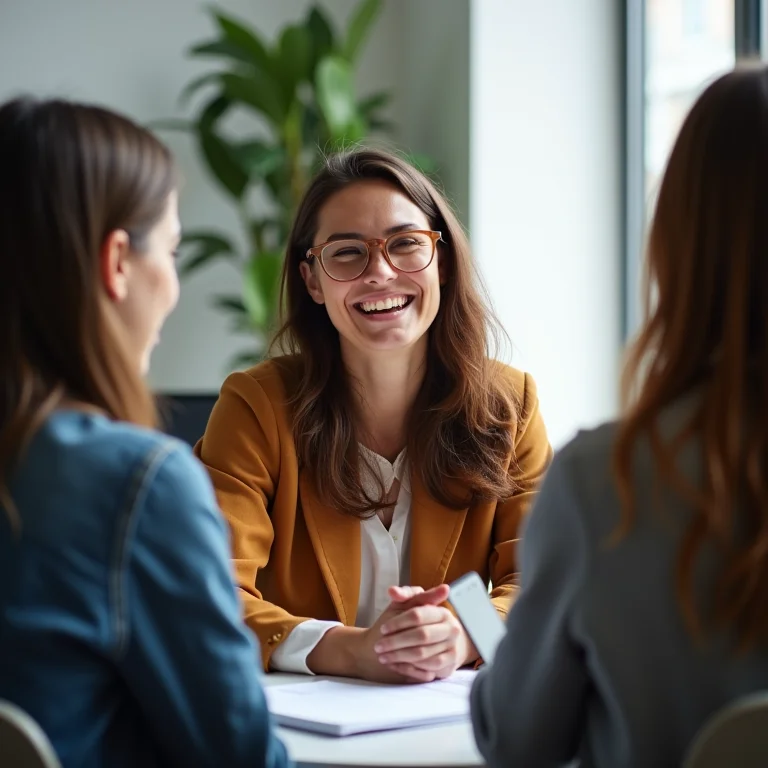 Mulher plus size rindo durante colaboração em projeto de UX design.