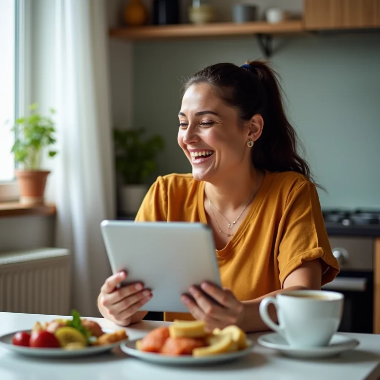 Mulher Plus Size rindo enquanto analisa contas médicas