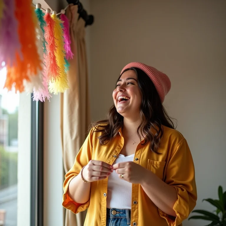 Mulher plus size rindo enquanto decora para o carnaval em casa