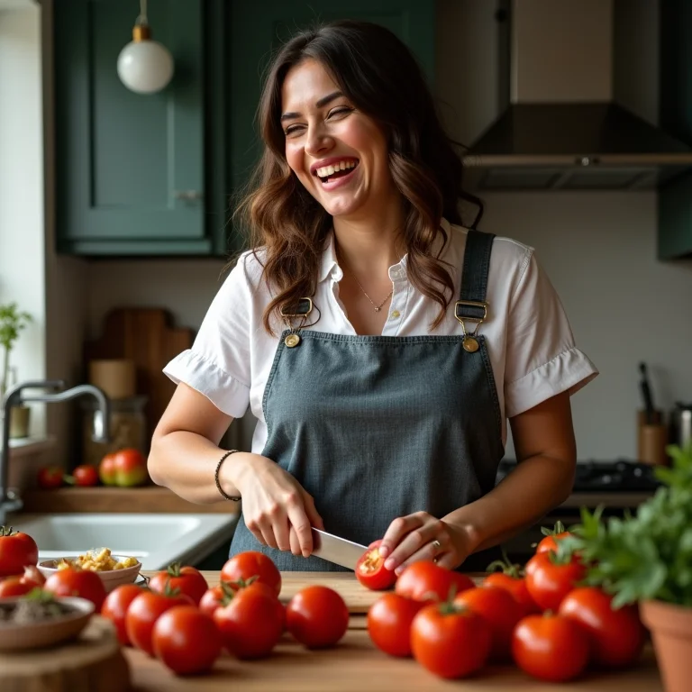 Mulher plus size rindo enquanto fatia tomates maduros