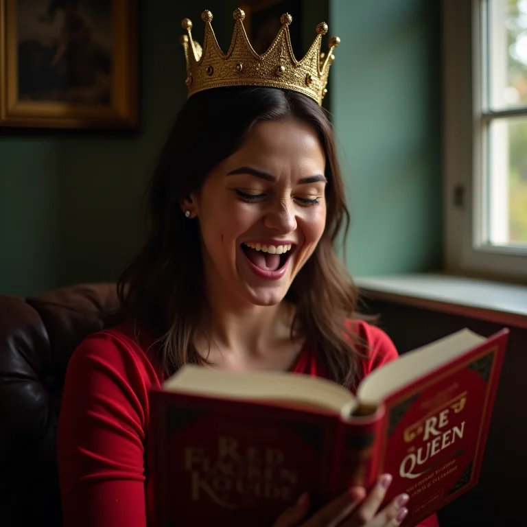 Mulher plus size rindo enquanto lê 'A Rainha Vermelha'