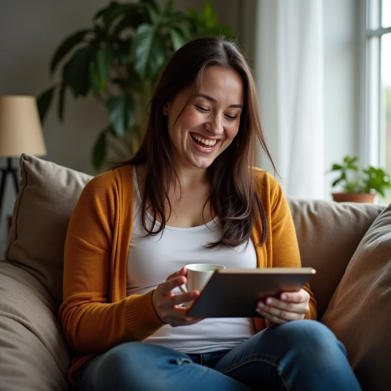 Mulher plus size rindo enquanto lê um livro em um tablet
