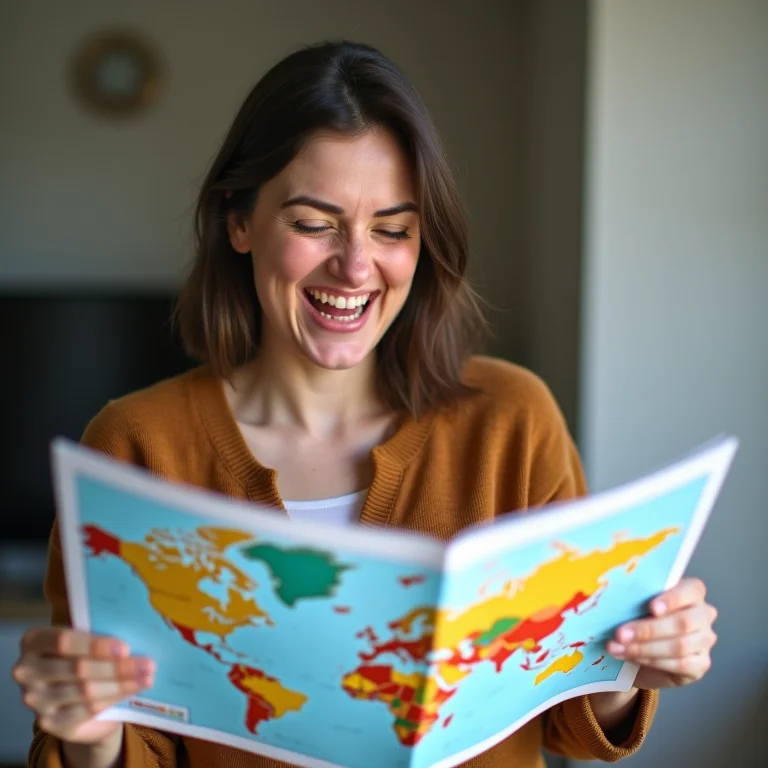 Mulher plus size rindo enquanto planeja viagem com mapa e folhetos.