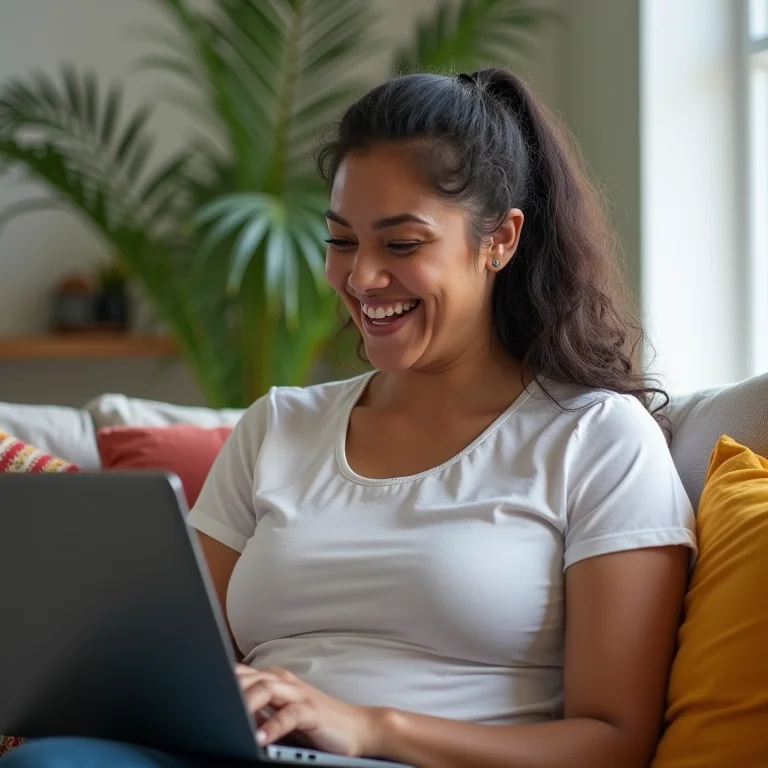 Mulher plus size rindo enquanto usa o WPS Office