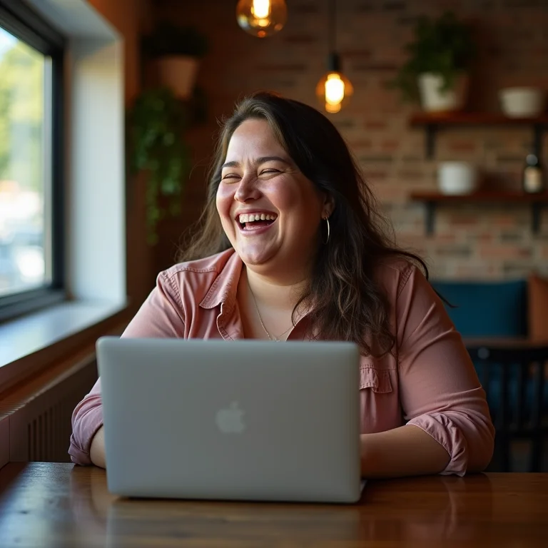 Mulher plus size rindo enquanto verifica avaliações de delivery online no laptop.